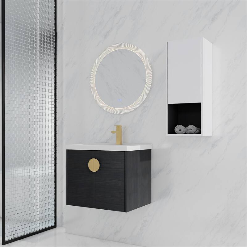 28" Floating Bathroom Vanity with Ceramic Sink, Soft-Close Doors, Wall-Mounted Side Cabinet, Black Chestnut - 23.8 in W Plywood - 23.8 in W Black Chestnut+12"-K Side Cabinet