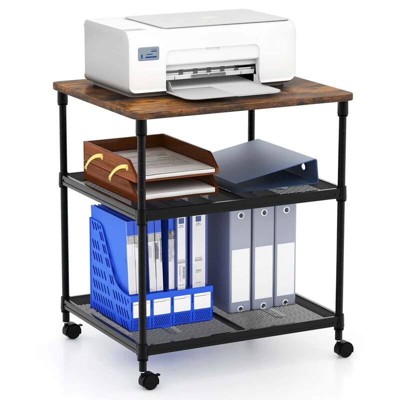 Costway 3-Tier Printer Stand Rolling Fax Cart with Adjustable Shelf & - See Details - Brown