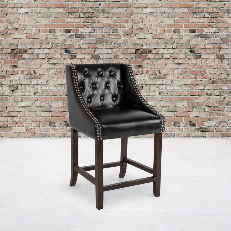 Transitional Tufted Upholstered/Walnut Finish Counter Stool (Set of 2) - Black Leather