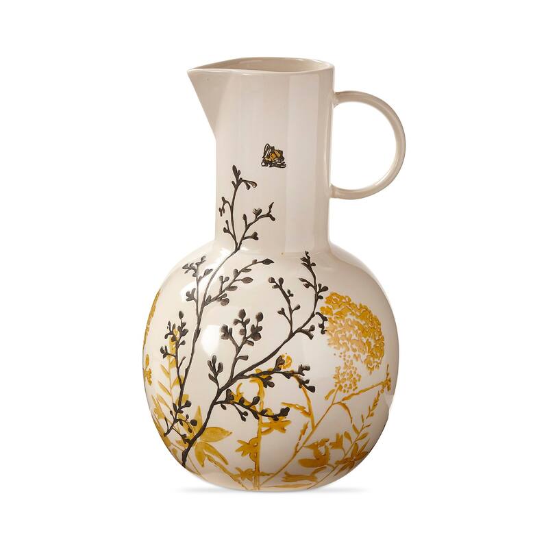 Let It Bee Floral Hand Painted Stoneware Water Beverage Pitcher Large 76 oz