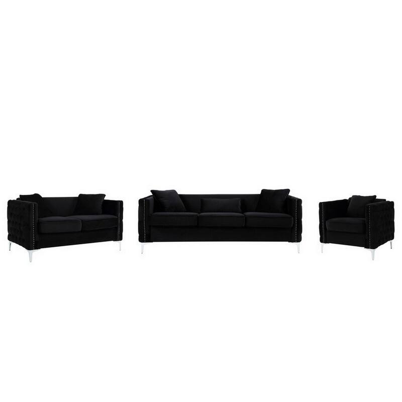 Zion 3 Piece Sofa Set with Loveseat and Chair, Button Tufted, Black Velvet - Black