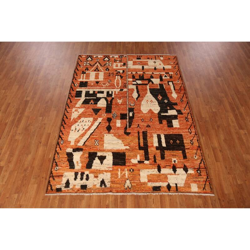 Geometric Moroccan Oriental Rug Hand-Knotted Orange Wool Carpet - 5'7" x 7'9"