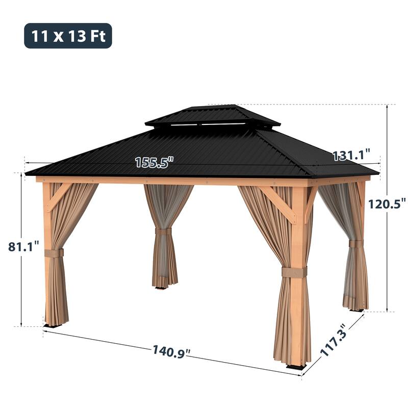 11 ft. x 13 ft. Outdoor Double Roof Hardtop Wooden Patio Gazebo with Netting and Curtains