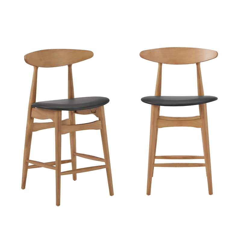 Ribe Mid-Century Wood Counter Height Stools (Set of 2) - Oak Finish - Black Faux Leather