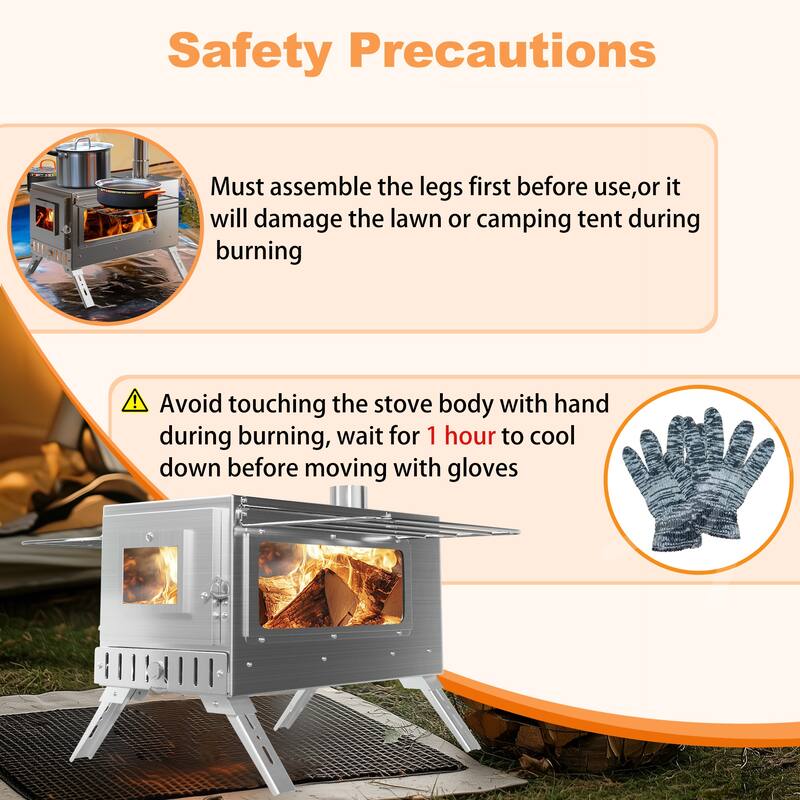 Large Camping Wood Stove, Portable Stainless Steel Hot Tent Stove with 7 chimney pipes