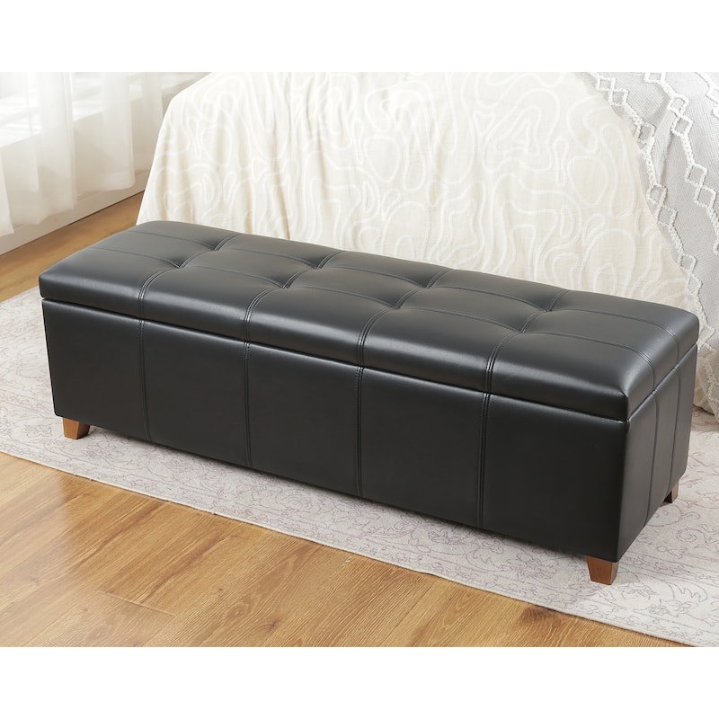 Adeco 48" Faux Leather Storage Ottoman Bench with Double-Stitch - 48.4"x14.96"x15.35" - Black