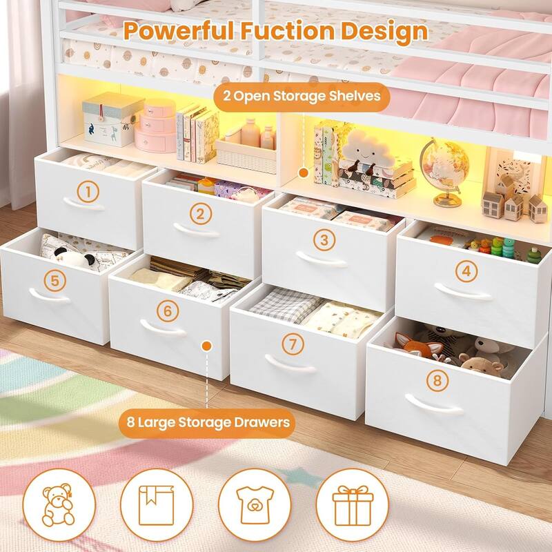 House Low Loft Bed Twin Size Storage Drawers Bookcase LED Lights