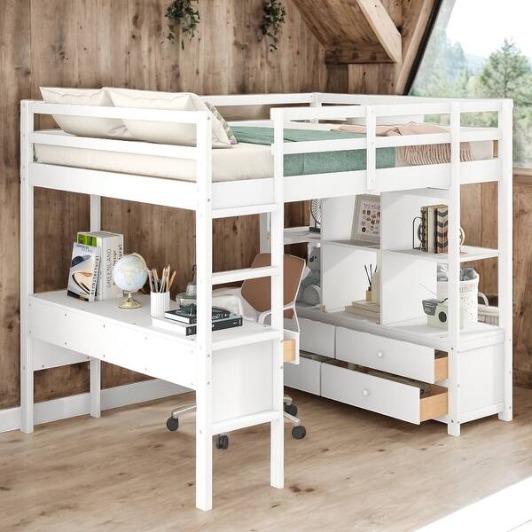 slide 2 of 18, Full Size Loft Bed With Built-in Desk With 2 Drawers And Shelves for Home White