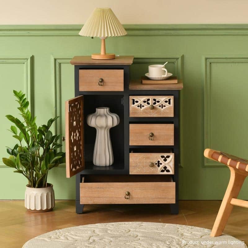Farmhouse Accent Chest with Carved Door and 5-Drawers