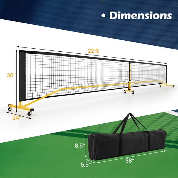 dimension image slide 1 of 2, Black, Yellow Metal Portable Pickleball Net with Wheels and Carry Bag - 22 ft. x 24" x 36" (L x W x H)