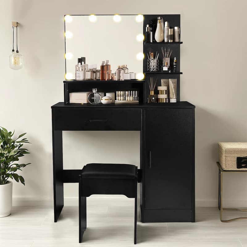 Makeup Vanity with Drawer & Storage Cabinet - Black