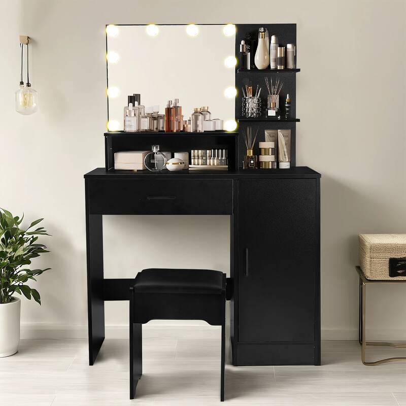 Vanity Desk with Mirror and Lights,with Drawer & Storage Cabinet,3 Adjustable Lighting Colors,with Open Shelves