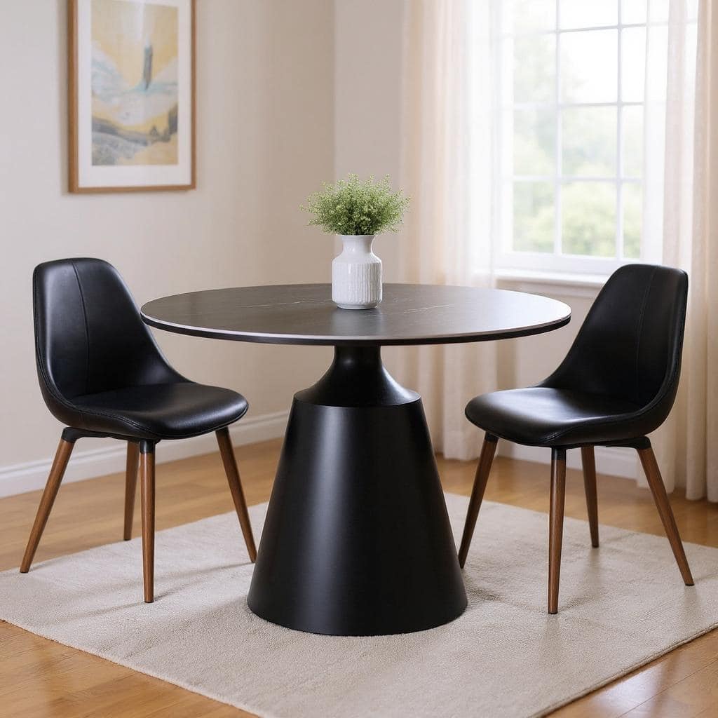 HomeRoots 47" Black Ceramic and Metal Pedestal Base Round Top Dining Table - 47.00 in. x 30.00 in. x 47.00 in.