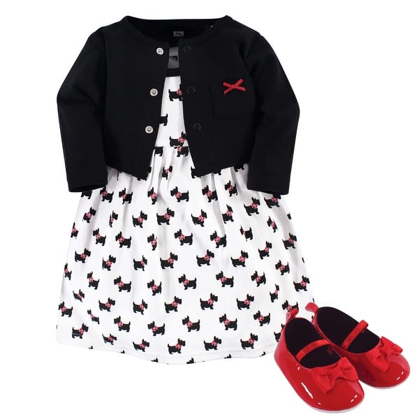 slide 1 of 1, Hudson Baby Infant Girl Cotton Dress, Cardigan and Shoe 3pc Set, Scottie Dog 0-3 Months - Scottie Dog