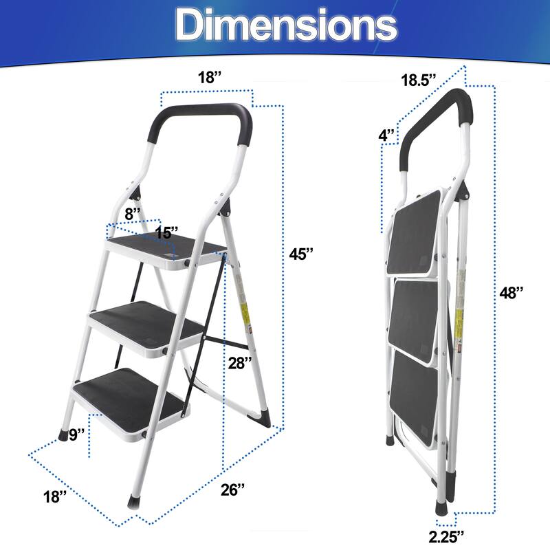Metal 3 Step Stool Ladder Foldable with Non Slip Ergonomic Handle & Platform - Heavy Duty, Lightweight
