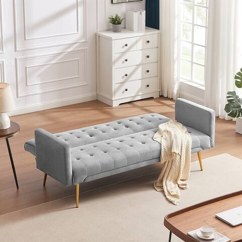 Velvet Convertible Futon Sofa Bed with Golden Metal Legs, Tufted Sleeper Futon Sofa with Adjustable