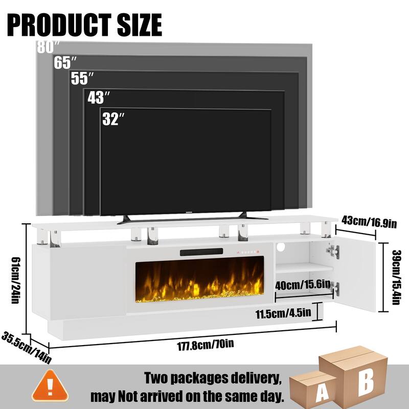 BOSSIN 70 Fireplace TV Stand with 36 Electric Fireplace， LED Light Entertainment Center Modern 2-Tier TV Console Stand