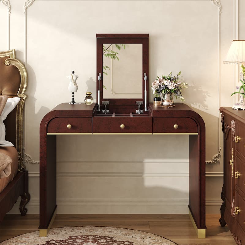Classic Wood Vanity Desk with Flip Mirror, 3-in-1 Dressing Table with 2 Drawers - Brown