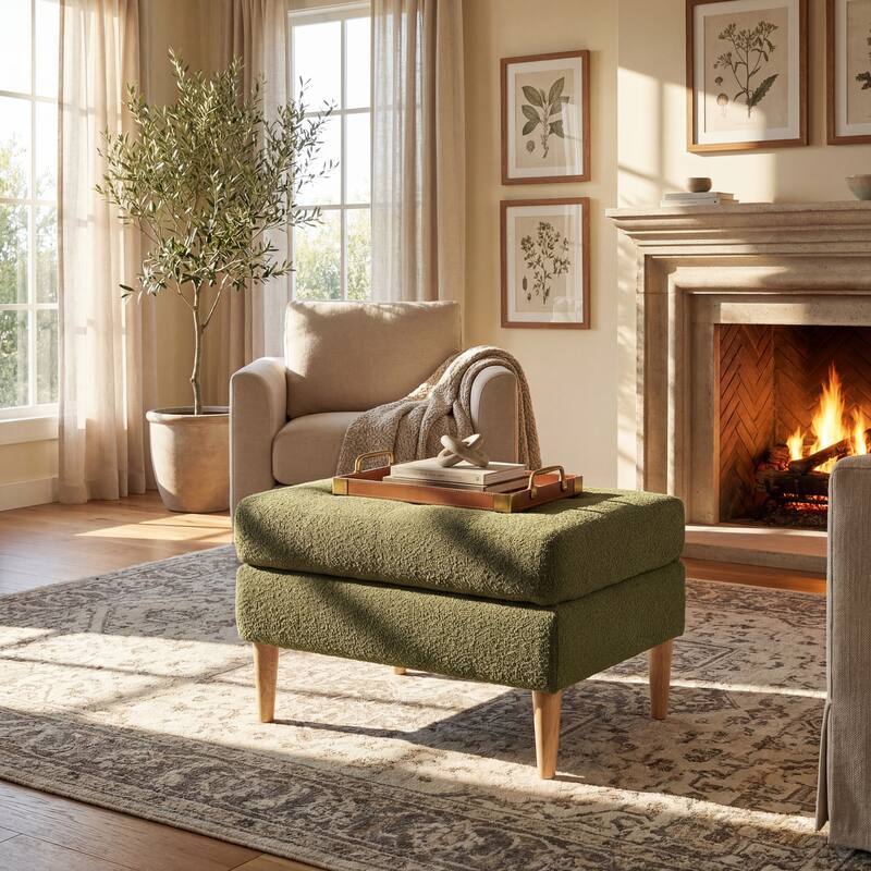 Christopher Knight Home- Modern Mid-Century Upholstered Tufted Ottoman with Solid Wood Legs & Versatile Use - Olive Green+Boucle