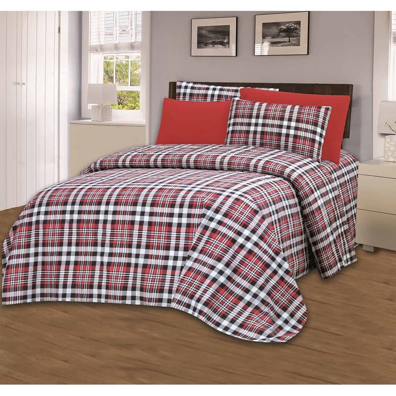 Garden City 1800 Red Plaid Print Sheets Set with Bonus Pillowcases - Red Plaid - King