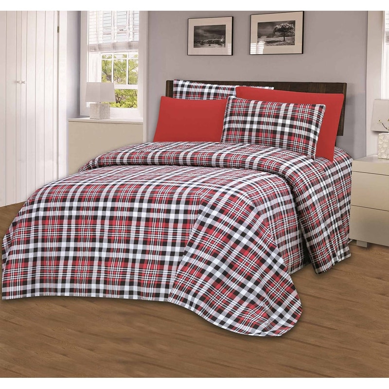 Garden City 1800 Red Plaid Print Sheets Set with Bonus Pillowcases