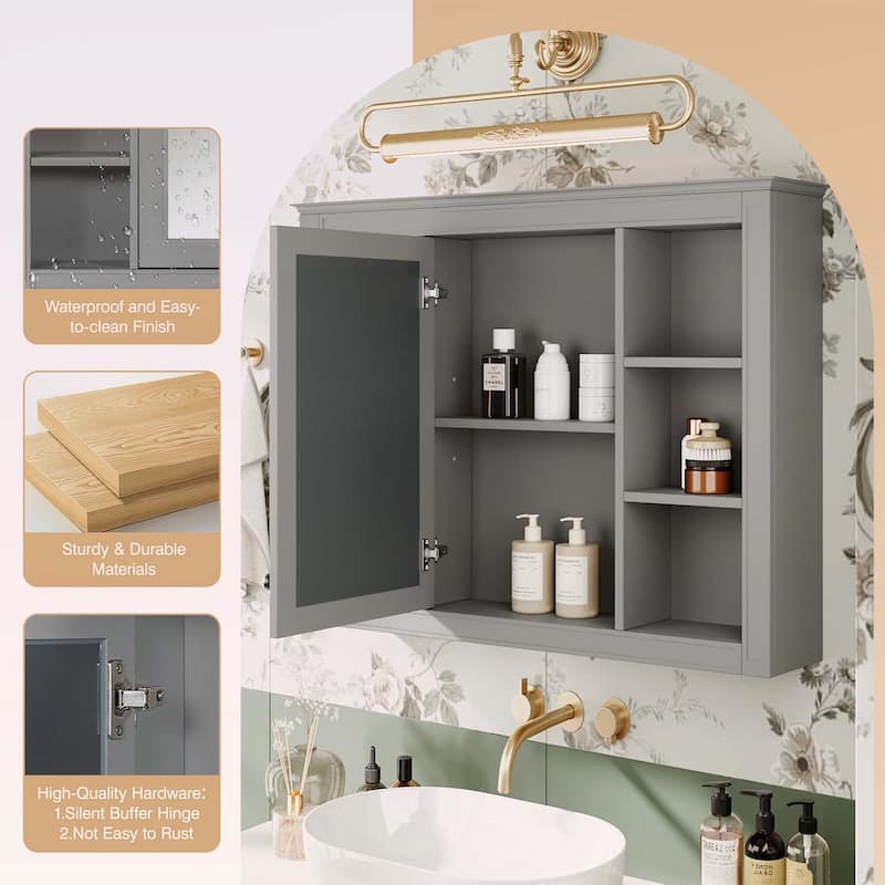 Wall-Mounted Storage Cabinet with Mirror,6 Open Shelves,Modern and Space-Saving Design for Enhanced Bathroom Organization