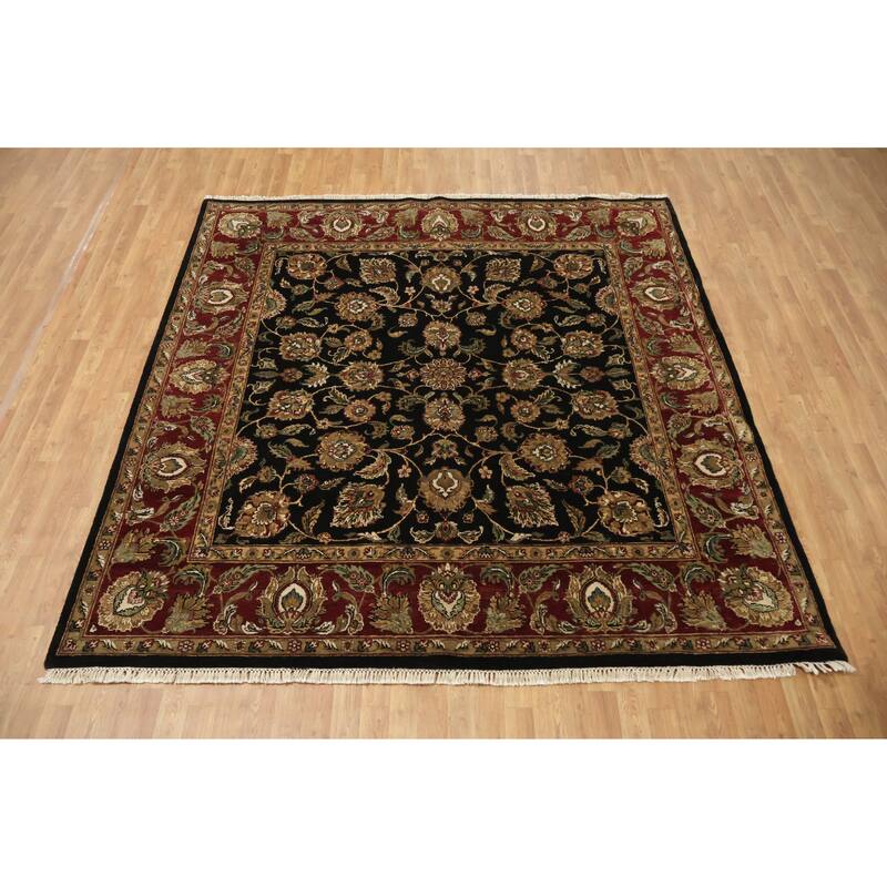 Hand Knotted Oriental 100% Wool Carpet Traditional All-Over Black Agra Area Rug - 8' 0'' X 8' 2''