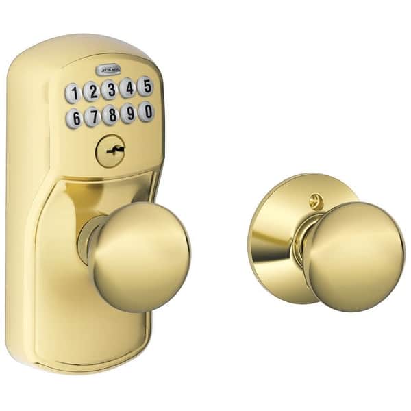 Schlage Fe575 Ply Ply Plymouth Keypad Entry Auto Lock Door Knob Set With Plymouth Interior Knob Lifetime Polished Brass