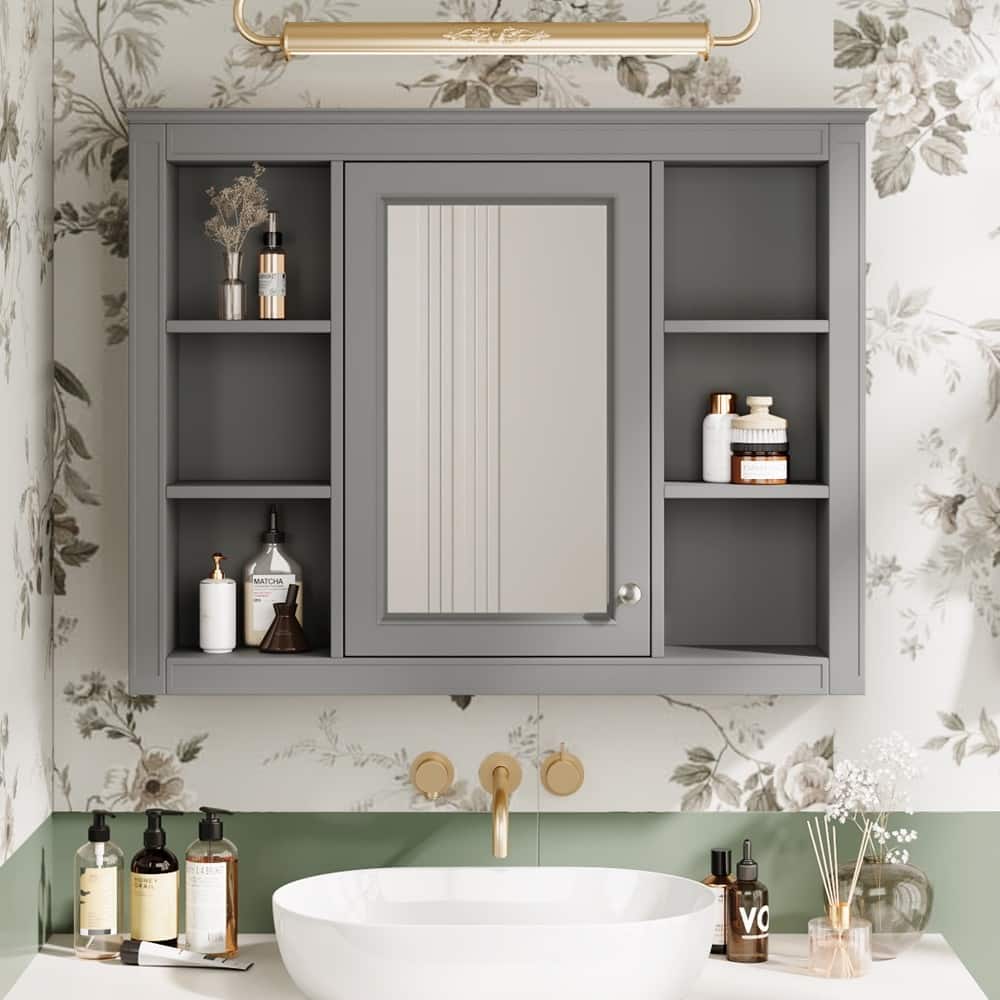 35'' Wall Mounted Bathroom Storage Cabinet with Mirror and 6 Open Shelves