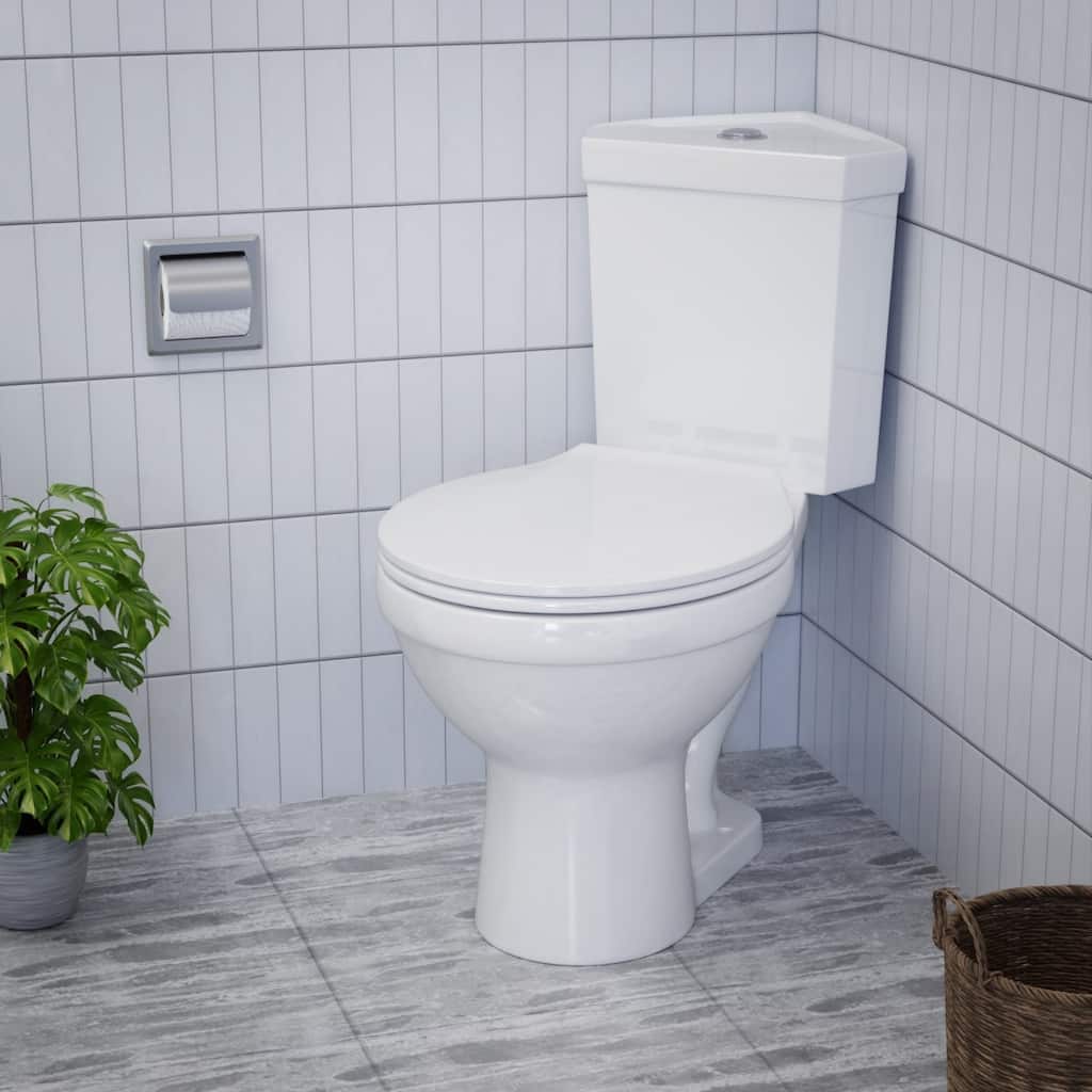 Troyt White Porcelain Compact Corner 2-Piece Toilet Round High Low Top Tank Button Flush