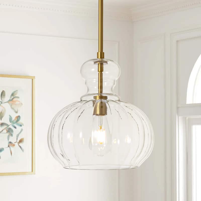 1-Light Modern Black/Gold Dome Textured Clear Glass Pendant Lights - Clear/Gold