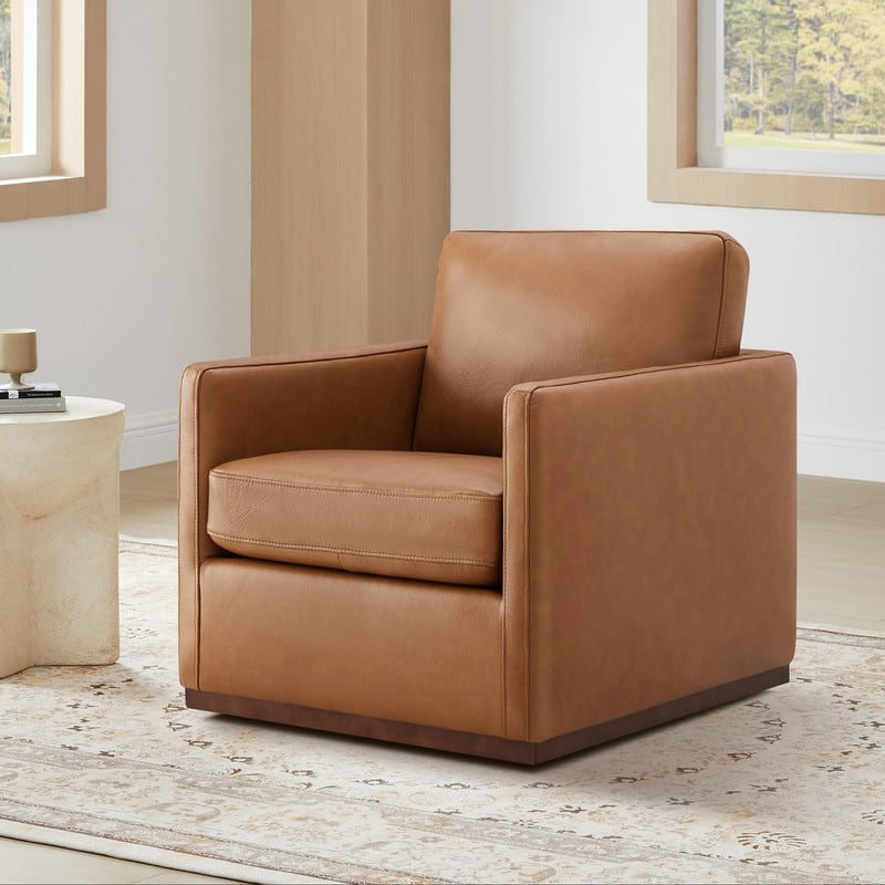 Spruce & Spring Modern Swivel Accent Chair with Wooden Base - Single - Brown-Leather