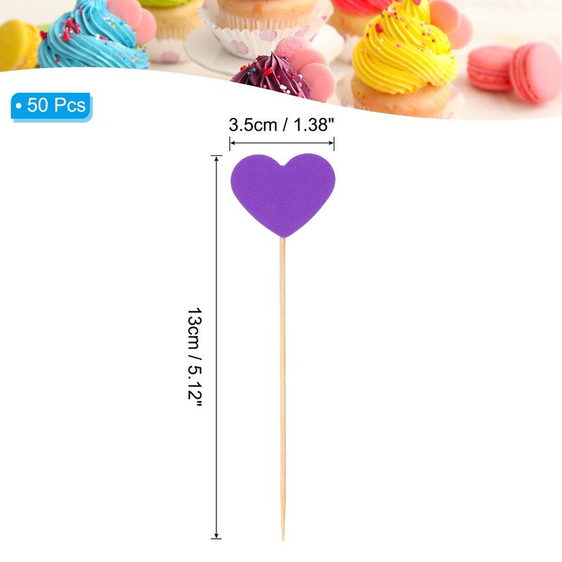 50Pcs Heart Cupcake Toppers,Star Cupcake Picks Birthday Decoration - Purple