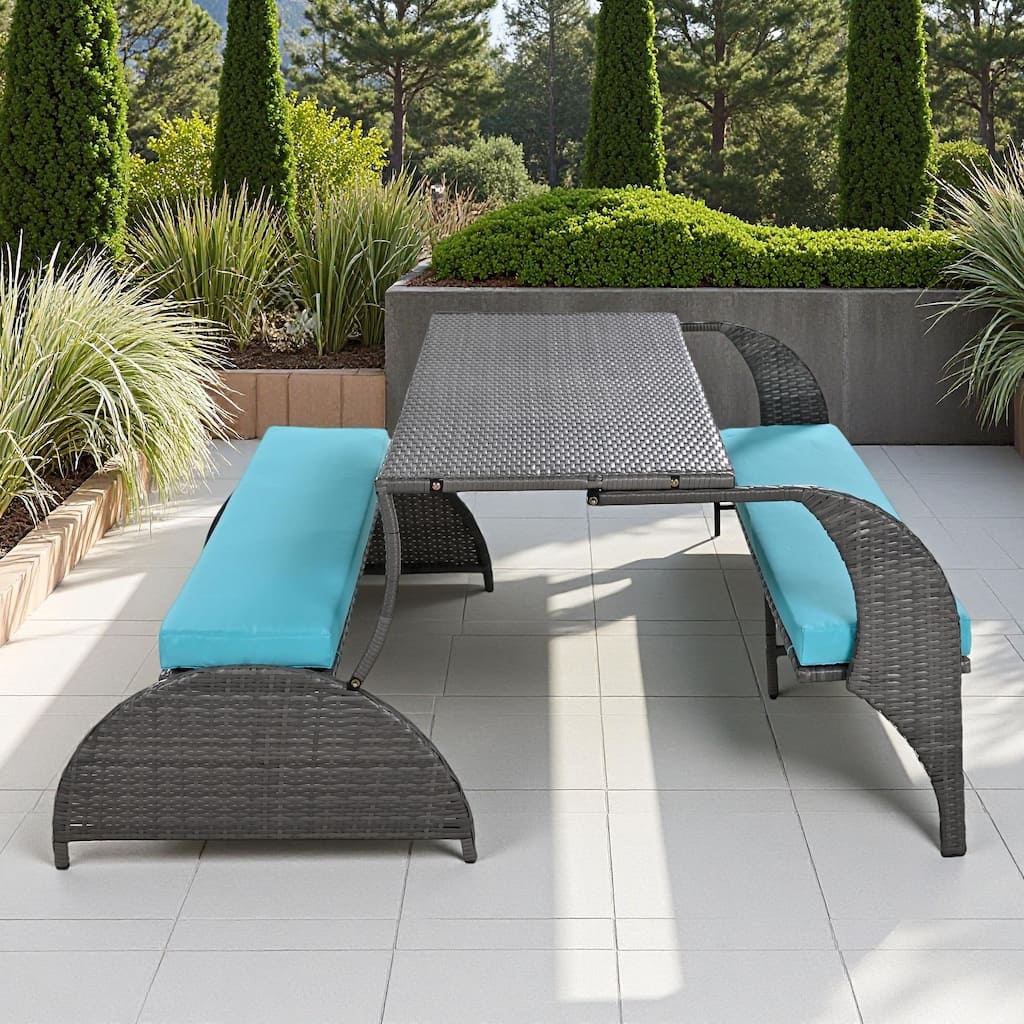 Multi-Functional Outdoor Patio Rattan Loveseat Sofa, Convertible 4-Seats Dining Set