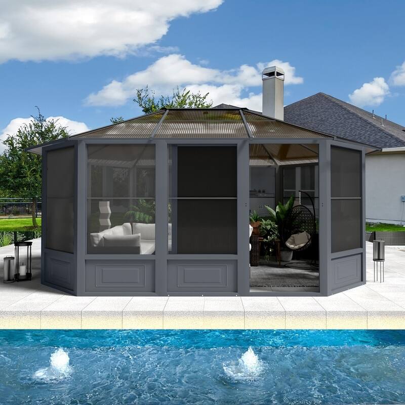Erommy Outdoor Solarium Sunroom, Patio Hardtop Gazebo, Aluminum Frame Permanent Gazebo with Sliding Doors and Screens