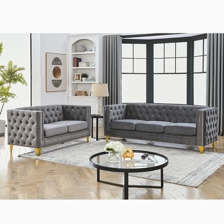 Grey Classic Velvet Chesterfield Sofa Set (Solid Wood Frame - 3 Seater ...