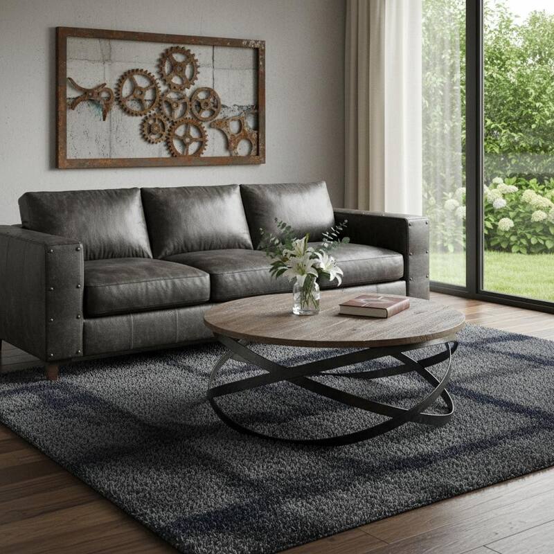 HomeRoots 41" Brown and Black Solid Wood and Metal Round Coffee Table - 40.5