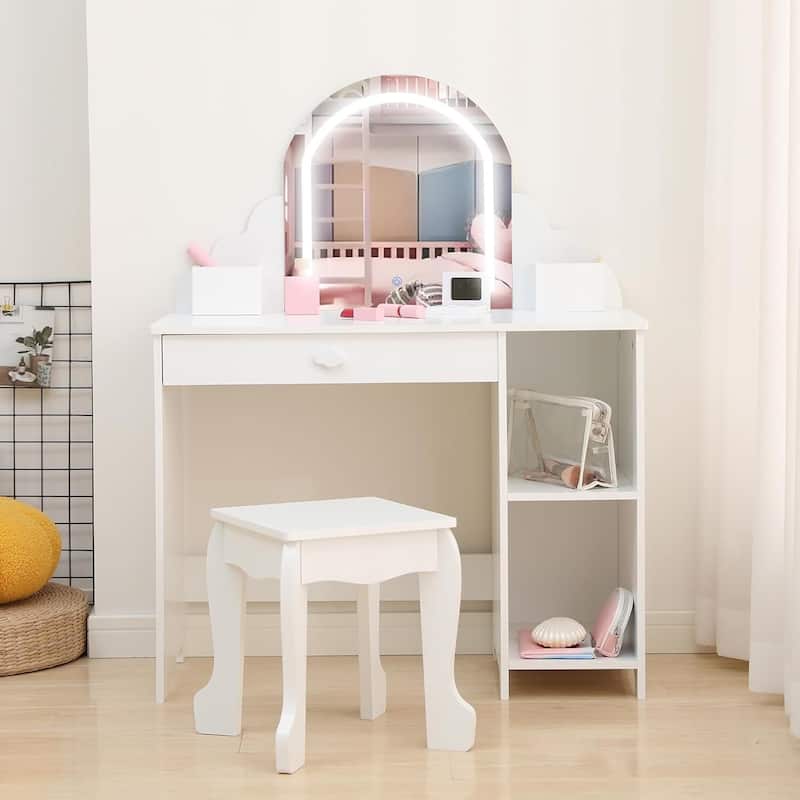 2 in 1 Kids Vanity Table & Stool with Lighted Mirror and Makeup Palyset - White