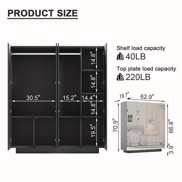 63"W 4-Door Mirror Wardrobe with LED Lighting Modern Stylish Armoires