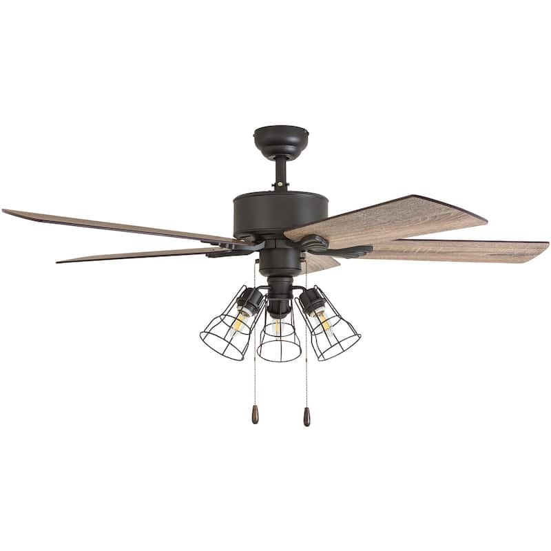 The Gray Barn Hodeken Farmhouse 52-inch Aged Bronze LED Ceiling Fan in Cage Industrial 3-light