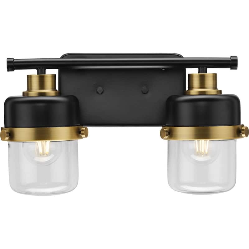 Beckner Collection Two-Light Matte Black Clear Glass Urban Industrial Bath Light with Vintage Brass Accents