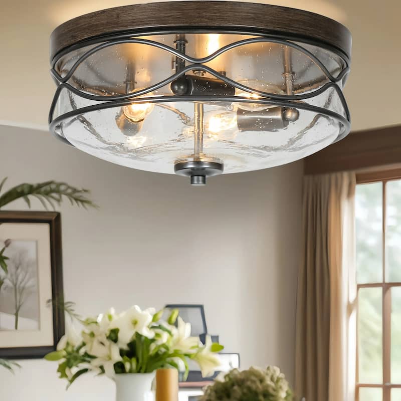 Clyno Modern Farmhouse 3-Light Seeded Glass Drum Flush Mount Ceiling Light - D 12.2" x H 5.7"