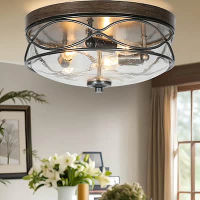 Clyno Modern Farmhouse 3-Light Seeded Glass Drum Flush Mount Ceiling Light - D 12.2" x H 5.7"