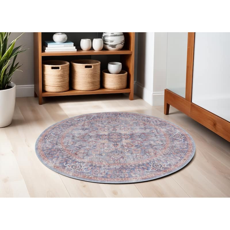 Power Loomed Distressed Geometric Floral Traditional Durable Area Rug - 63' X '63' X '0.28 - 63' X '63' X '0.28 - Oxford Blue - Round