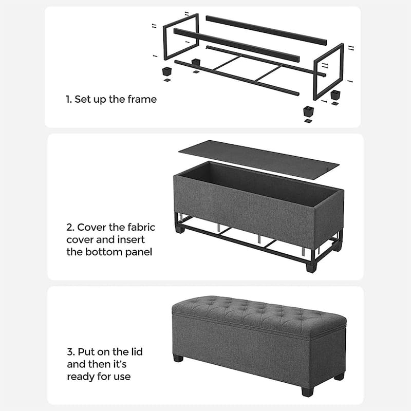 Gray Fabric Storage Ottoman Bench with Wooden Legs, Supports Up to 660 lbs