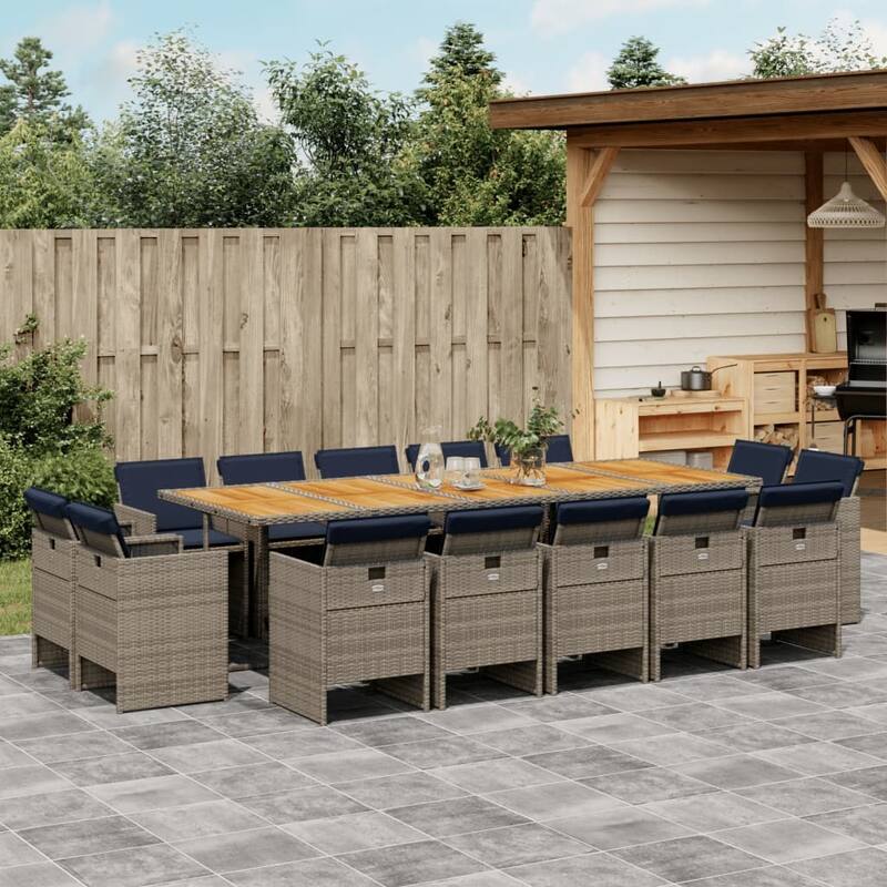 vidaXL 13/15/17 Piece Patio Dining Set with Cushions Gray Poly Rattan - Gray and brown - wood top