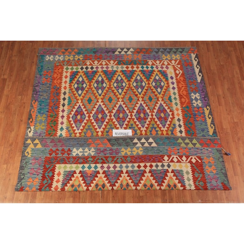 Reversible Kilim Oriental Area Rug Hand-Woven Multi-Color Wool Carpet - 8'5"x 9'8"
