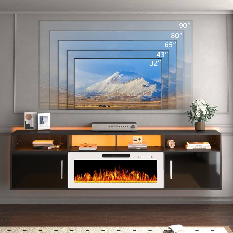 BOSSIN 80" Floating TV Stand with 36" Electric Fireplace, High Gloss Finish Wall Mounted Fireplace TV Stand with Storage