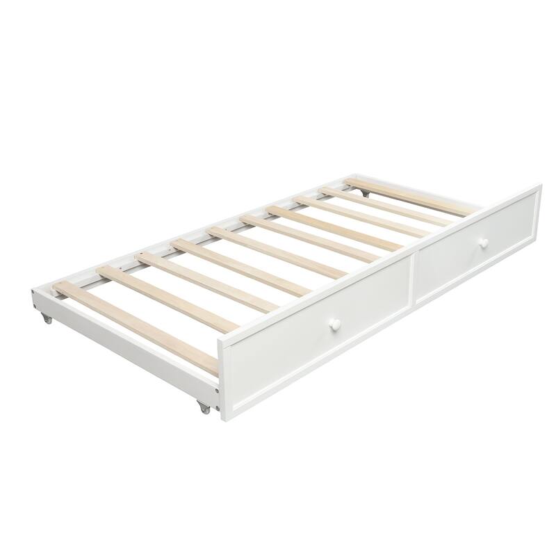 Twin Size White Wood Daybed with Trundle, Space-Saving Dual-Use Bed Frame