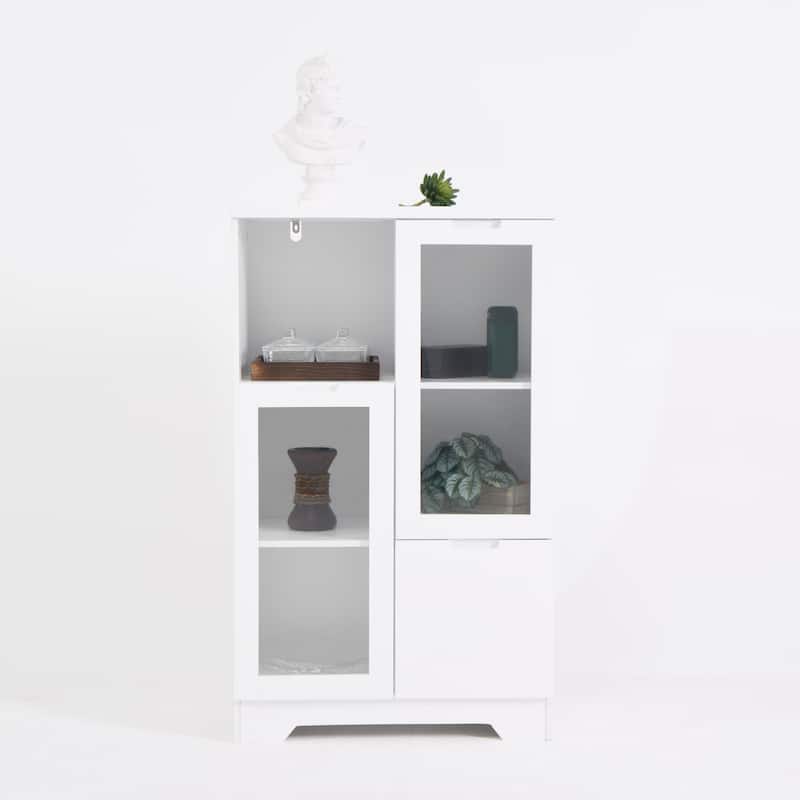 Wooden Floor Cabinet with 2 Glass Doors and 2 Storage Space,Living Room Bathroom Entryway - White